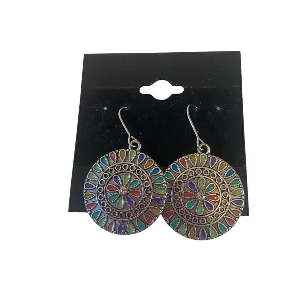 Southwest Style Multi-Colored Silver Toned Disc Earrings.